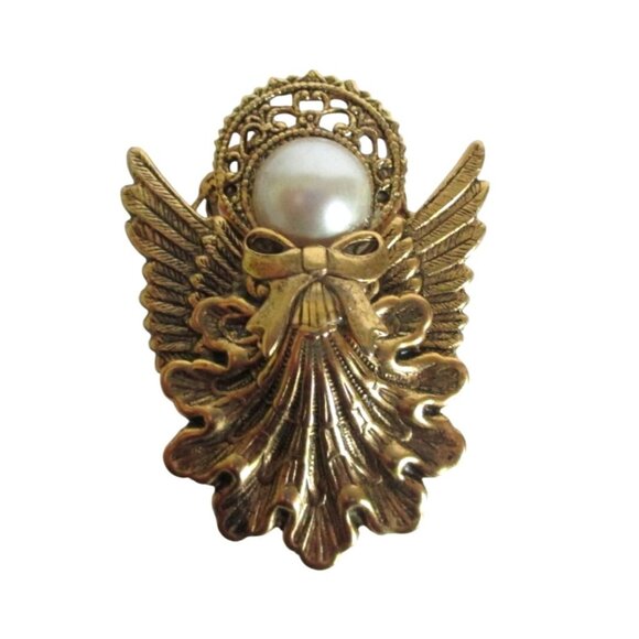 Vintage Angel Gold-Tone Brooch With Faux Pearl Accent & Filigree Design Jean Jac - Picture 1 of 5